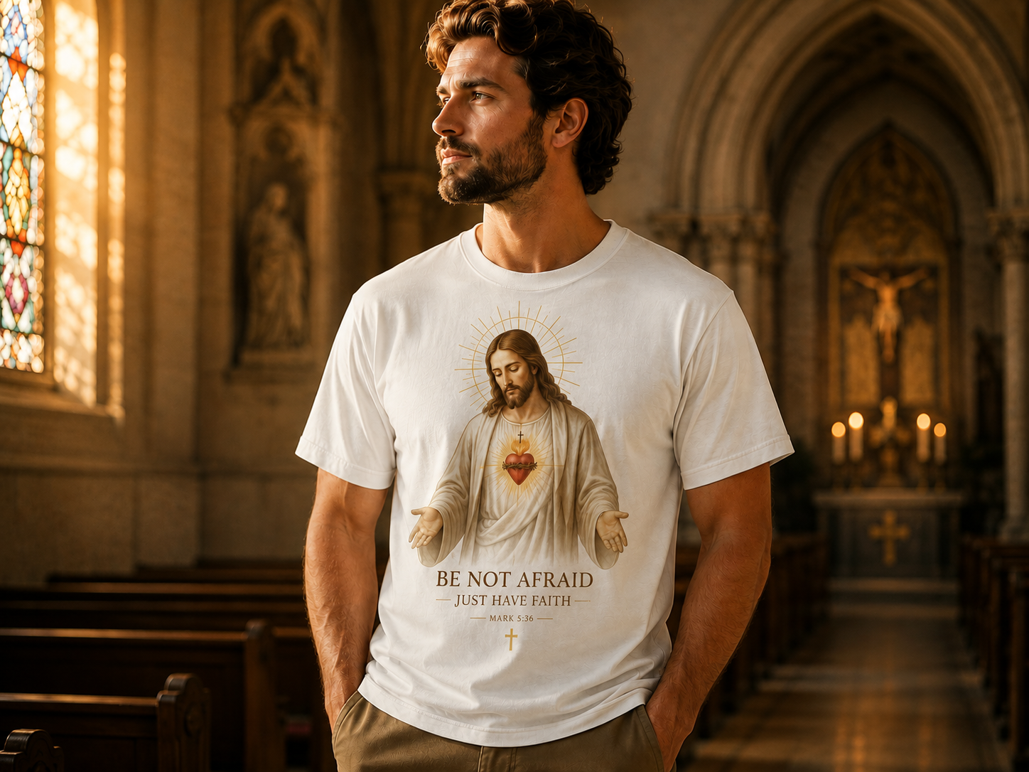 A man wearing a cream Divine T-shirt in a sunlit church