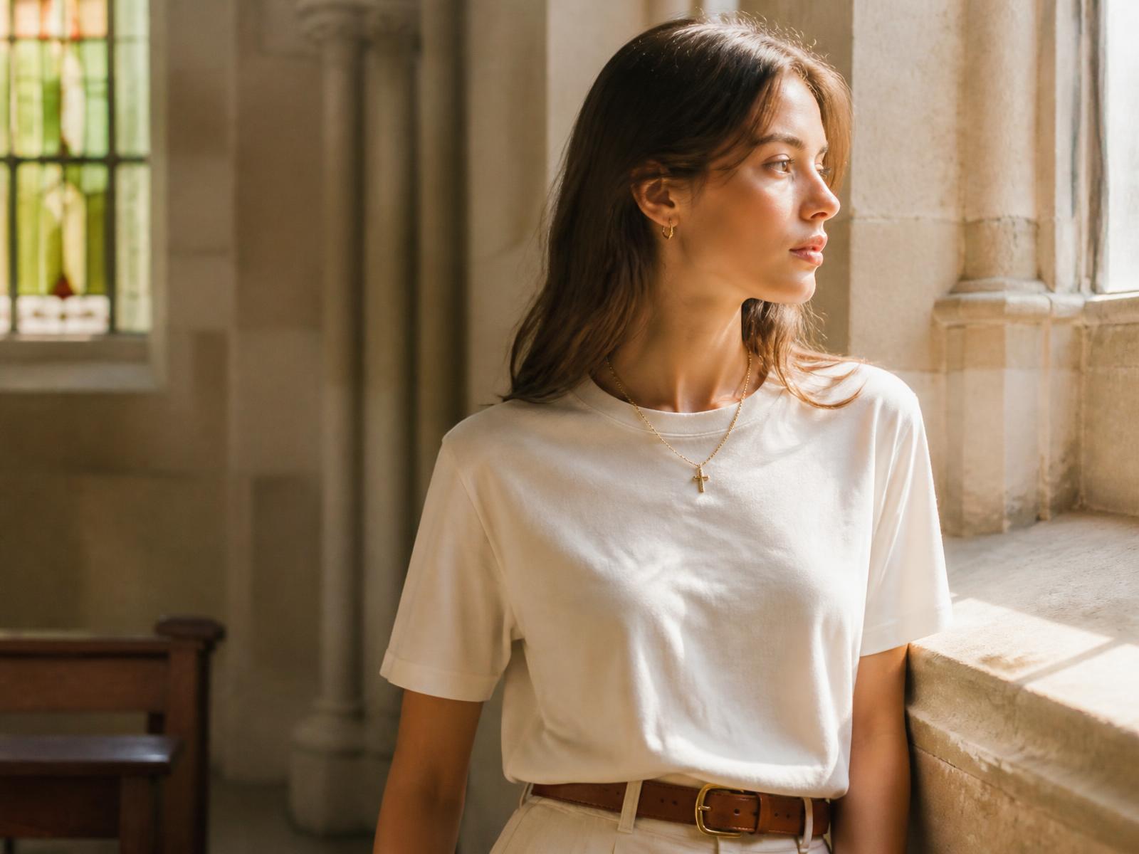 A woman wearing a cream Divine T-shirt in a sunlit church