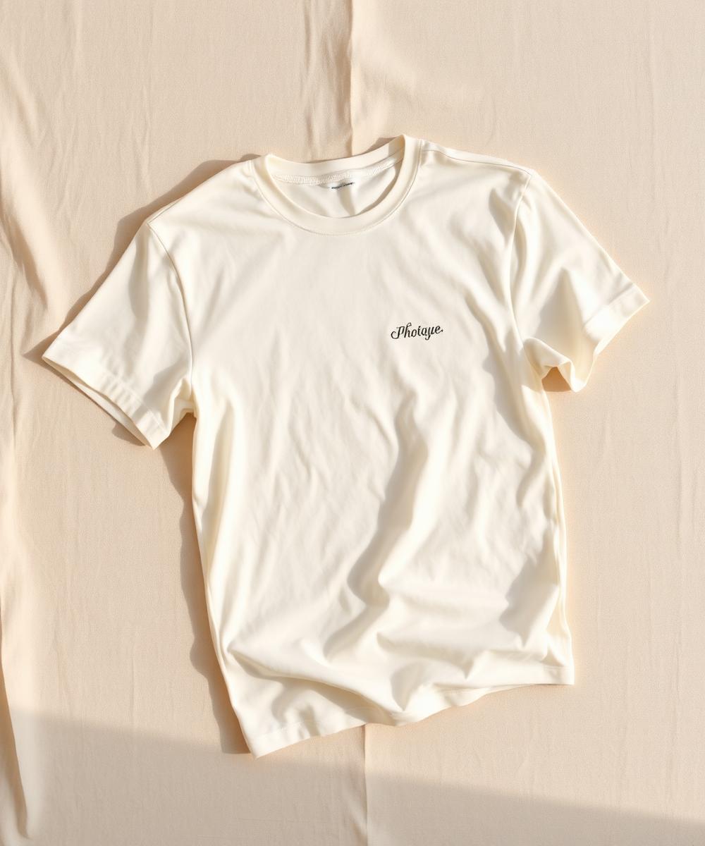A folded ivory tee in warm natural light